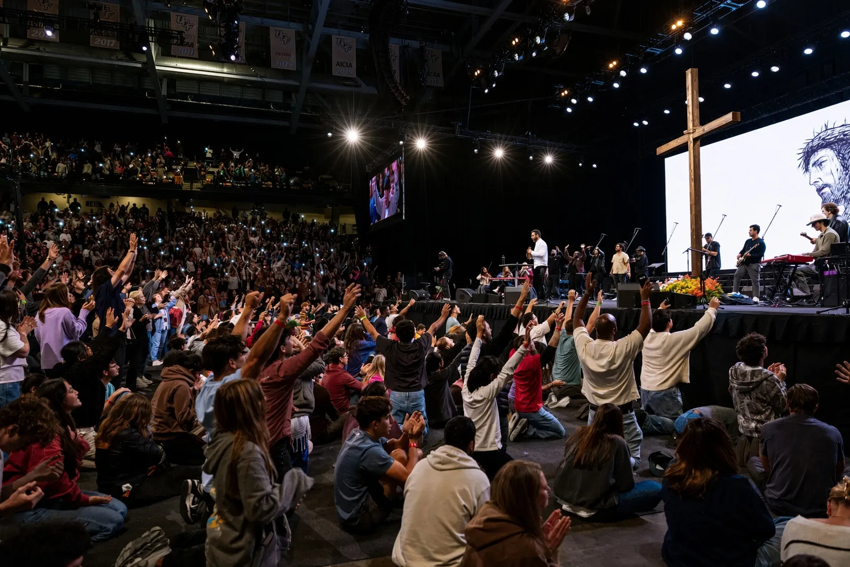 Large worship gathering with live stage production